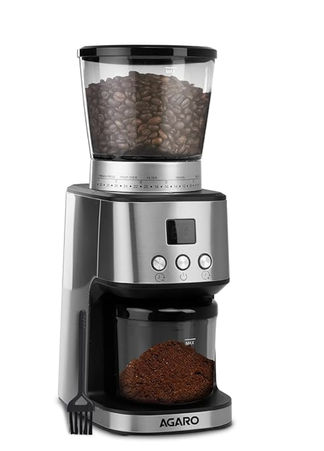 AGARO Stainless Steel Supreme Coffee Grinder,Conical Burr Grinder,31 Grinding Settings,Pulse Mode,Adjustable Digital Timer,Single Dose Grinder For Espresso Filter Dripper Moca,Espresso,Silver