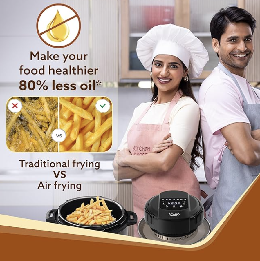 AGARO Imperial Pot Lid Air Fryer, 7-in-1 Electric Air Fry, Crisp, Broil, Bake In 5L, 6L and 8L Pressure Cooker/Metal Pots/Rice Cooker, 7 Preset Menu, 1000W, Home & Kitchen.