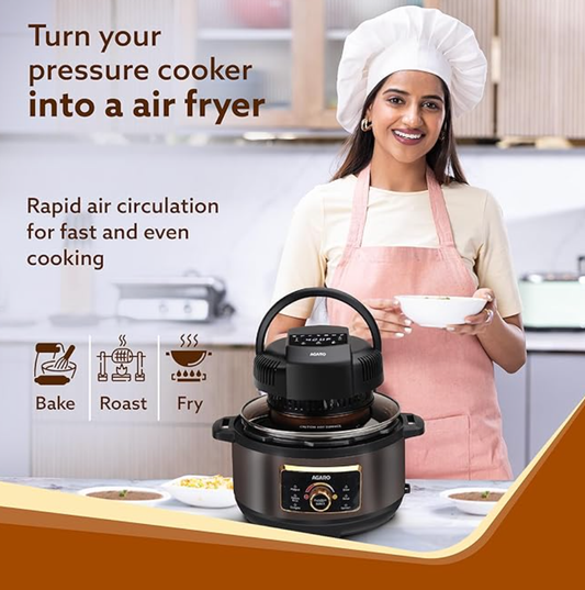AGARO Imperial Pot Lid Air Fryer, 7-in-1 Electric Air Fry, Crisp, Broil, Bake In 5L, 6L and 8L Pressure Cooker/Metal Pots/Rice Cooker, 7 Preset Menu, 1000W, Home & Kitchen.