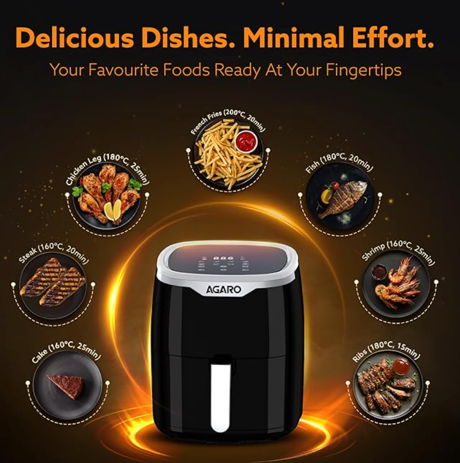 AGARO Galaxy Digital Air Fryer For Home, 4.5L, Electric Air Fryer, Convection Oven, 1400W, 7 Preset Programs & Reheat, 360 Degrees Air Circulation, Digital Touch Display, Bake, Roast, Toast, Black-3