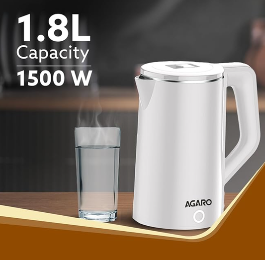 AGARO Elegant Electric Kettle, 1.8L, Double Layered Kettle, Stainless Steel Inner Body, Quick Boil, Water Boiler, Hot Water Kettle, For Making Black Tea & Black Coffee, Auto Shut Off, White