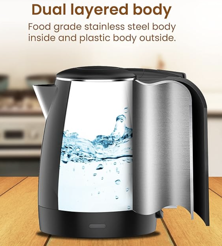 AGARO Royal Double Layered Kettle, 1.5 Litres, Double Layered Body, Cool Touch Handle, Dry Boiling Protection, Stainless Steel Inside Body, 1500 Watts, Black