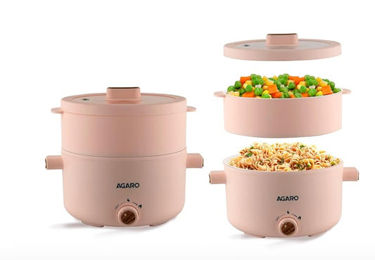 AGARO Primo Multi Function Pot 2L, Double Layered Body, Ceramic Coated Inner Pot, Variable Temperature Settings, Wide Mouth, Transparent Lid, Cooking, Boiling, Steaming, Egg, Vegetable