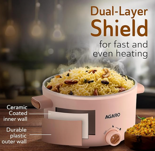 AGARO Primo Multi Function Pot 2L, Double Layered Body, Ceramic Coated Inner Pot, Variable Temperature Settings, Wide Mouth, Transparent Lid, Cooking, Boiling, Steaming, Egg, Vegetable