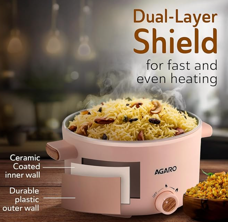AGARO Primo Multi Function Pot 2L, Double Layered Body, Ceramic Coated Inner Pot, Variable Temperature Settings, Wide Mouth, Transparent Lid, Cooking, Boiling, Steaming, Egg, Vegetable-2