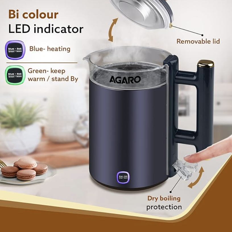 AGARO Regal Electric Kettle With Keep Warm Function, Stainless Steel & Glass Body, Double Wall Design, Hot Water Kettle With Auto Shut-Off And Boil Dry Protection, Black, 1355 Watts, 1.5 liter