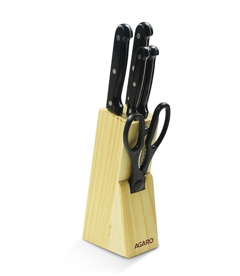AGARO Galaxy 6 पीस किचन चाकू सेट लकड़ी के केस के साथ, 4 चाकू, 1 कैंची, 1 लकड़ी का केस, हाई कार्बन स्टेनलेस स्टील, नॉन स्लिप ट्रिपल रिवेट मज़बूत हैंडल, खाना पकाना, काटना, टुकड़े करना, सिल्वर 