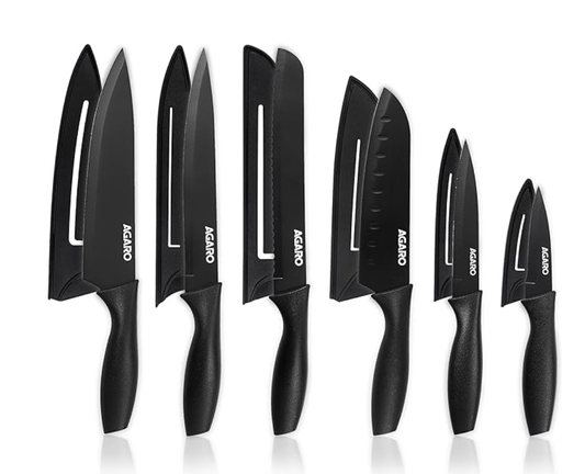 AGARO रॉयल 6 पीस किचन नाइफ सेट कवर के साथ, हाई कार्बन स्टेनलेस स्टील ब्लैक कोटेड शेफ, यूटिलिटी, सोंटुकु, ब्रेड और पैरिंग नाइफ (काला) 