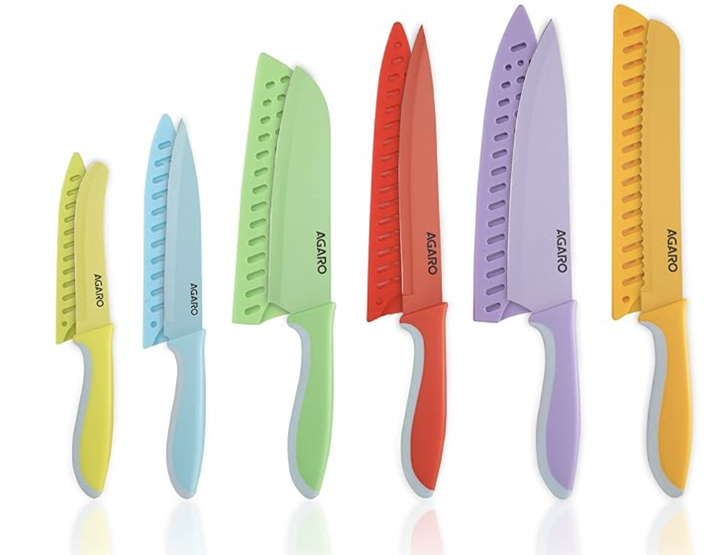 AGARO Royal 6 Pcs Coloured Kitchen Knife Set with Covers, High Carbon Stainless Steel Professional Chef Knife I Bread Knife I Santoku Knife I Utility Knife I Butter Knife I Slicing Knife Set for Kitchen (Multi Colour).