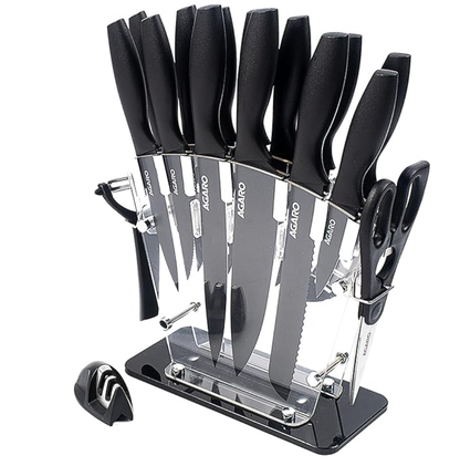 AGARO Grand 17Pcs Kitchen Knife Set with Acrylic Stand, High Carbon Stainless Steel, Professional Chef Knife Set for Kitchen, (13 Knifes + Acrylic Stand +Scissors +Peeler & Knife Sharpener, Black)