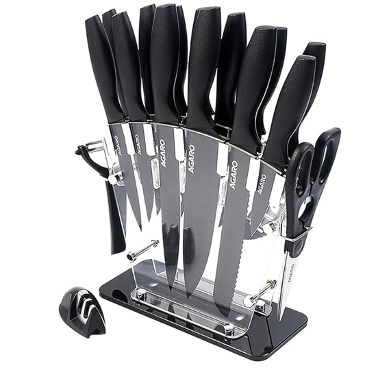 AGARO Grand 17Pcs Kitchen Knife Set with Acrylic Stand, High Carbon Stainless Steel, Professional Chef Knife Set for Kitchen, (13 Knifes + Acrylic Stand +Scissors +Peeler & Knife Sharpener, Black)