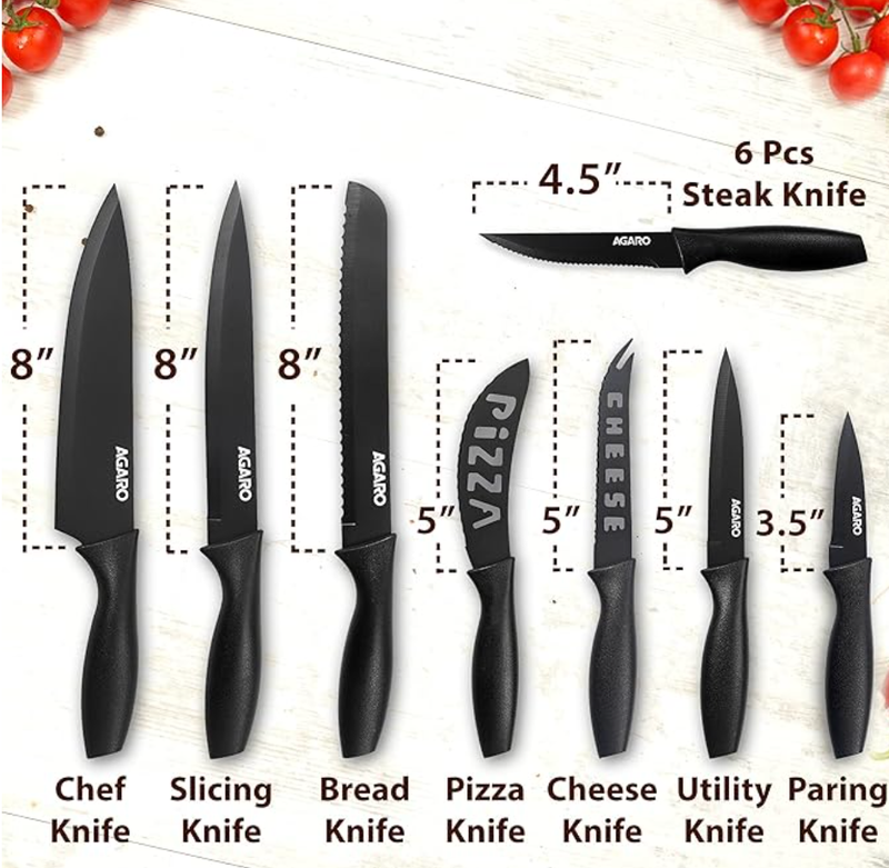 AGARO Grand 17Pcs Kitchen Knife Set with Acrylic Stand, High Carbon Stainless Steel, Professional Chef Knife Set for Kitchen, (13 Knifes + Acrylic Stand +Scissors +Peeler & Knife Sharpener, Black)-2