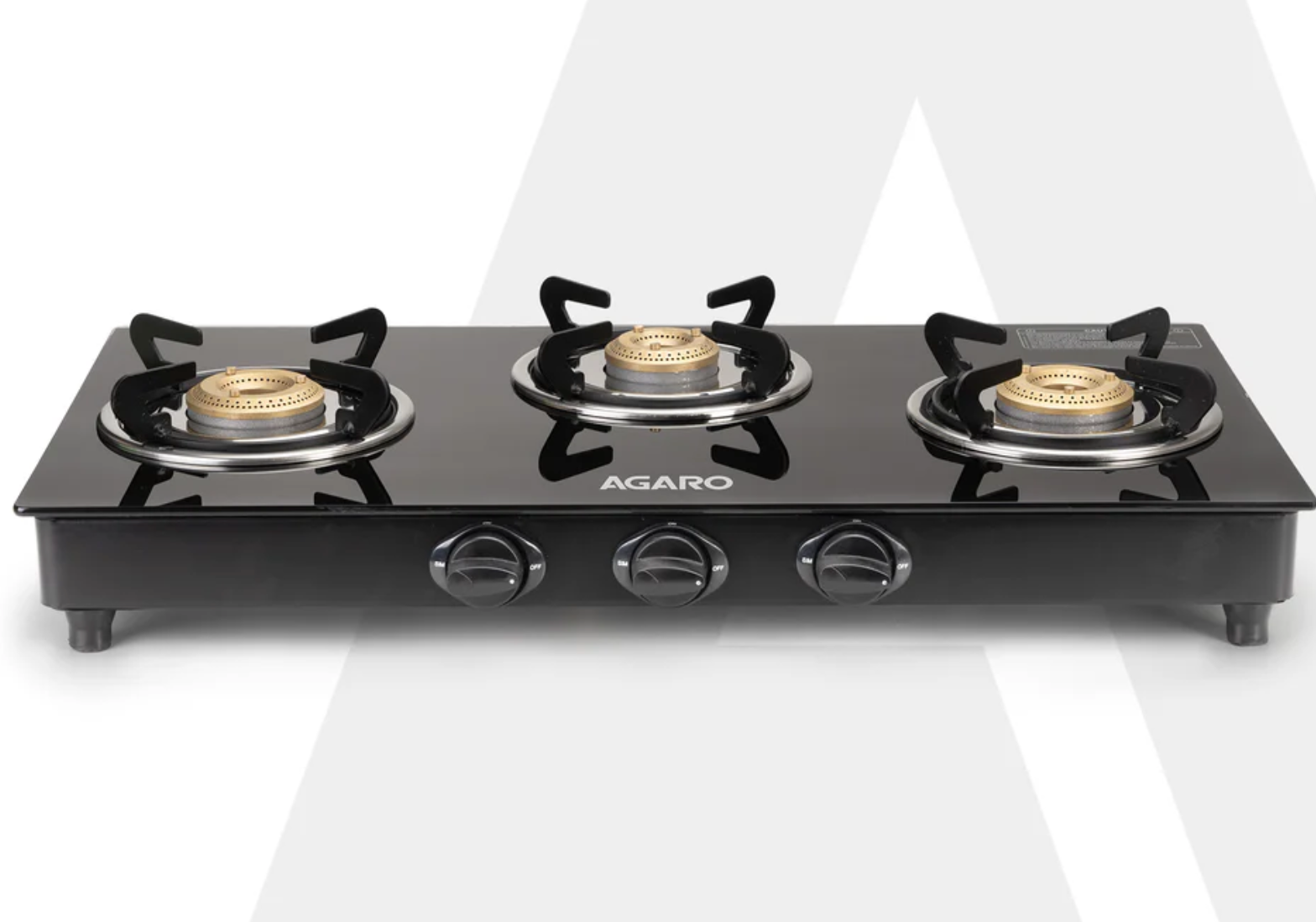 Elite 3 Burners Gas Stove, Toughened Glass Top, Round Brass Burners, 1 Small, 1 Medium & 1 Big Size Burner, Spill Proof Fixed Drip Tray, Manual Ignition, Kitchen Use, Regular Cooking Use, Black