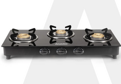 Elite 3 Burners Gas Stove, Toughened Glass Top, Round Brass Burners, 1 Small, 1 Medium & 1 Big Size Burner, Spill Proof Fixed Drip Tray, Manual Ignition, Kitchen Use, Regular Cooking Use, Black-1