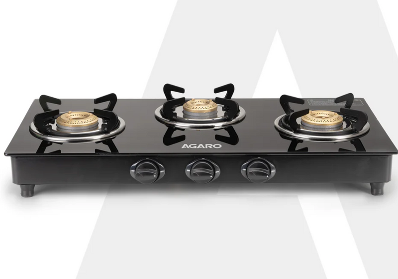Elite 3 Burners Gas Stove, Toughened Glass Top, Round Brass Burners, 1 Small, 1 Medium & 1 Big Size Burner, Spill Proof Fixed Drip Tray, Manual Ignition, Kitchen Use, Regular Cooking Use, Black-1