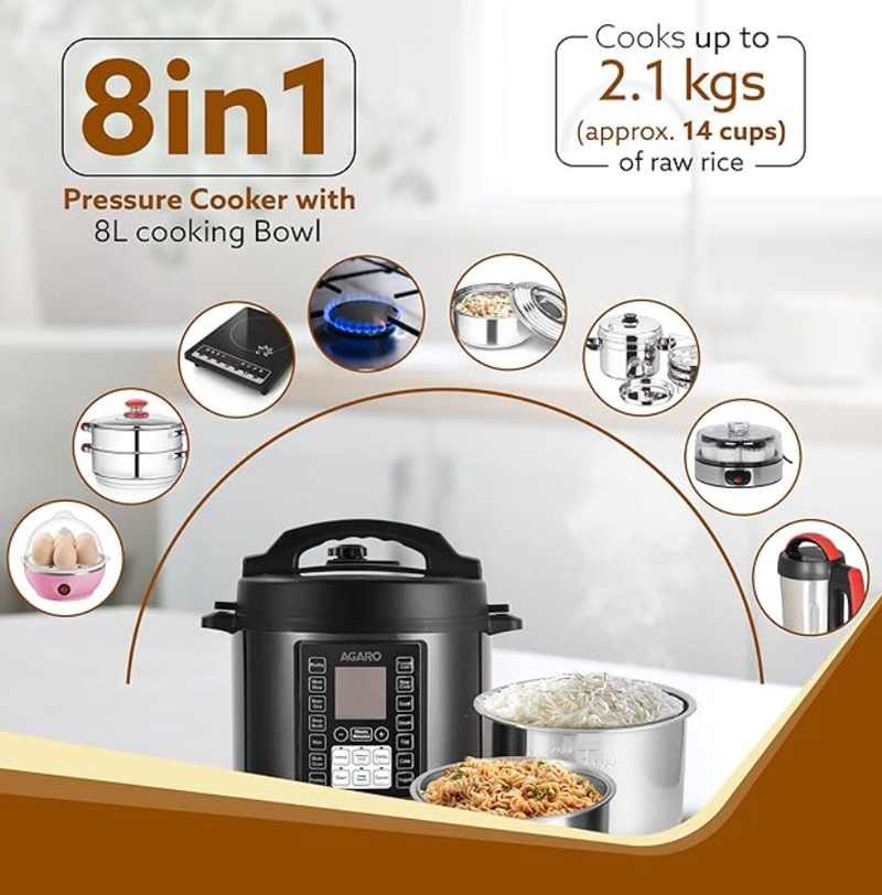 AGARO Imperial Electric Pressure Cooker, 8 Litres Inner Pot, 2.1Kgs (approx. 14 cups) raw rice, 14 Pre-Set multi Cooking Functions, Adjustable Pressure, Timer, Stainless Steel Pot, Pressure Cook-2