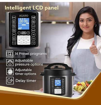 AGARO Imperial Electric Pressure Cooker, 6 litres, 1.5Kgs (approx. 10 cups) raw rice, 14 Pre-Set multi Cooking Functions, Adjustable Pressure, Timer, Stainless Steel Pot, Pressure Cook, Slow Cook