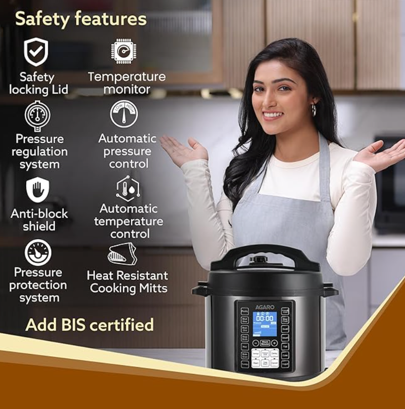 AGARO Imperial Electric Pressure Cooker, 6 litres, 1.5Kgs (approx. 10 cups) raw rice, 14 Pre-Set multi Cooking Functions, Adjustable Pressure, Timer, Stainless Steel Pot, Pressure Cook, Slow Cook-4