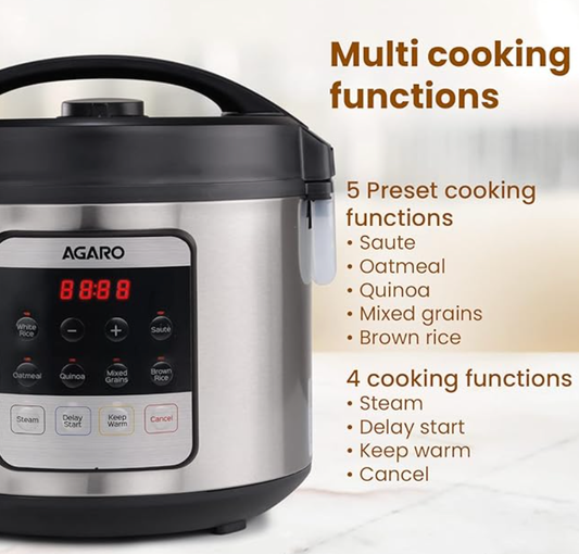 AGARO Royal Electric Rice Cooker, 5 Litre Ceramic Coated Inner Bowl, Steam Basket, 6 Preset Cooking Function With Advanced Fuzzy Logic, Keep Warm Function, 1.5Kgs (approx. 10 cups) raw rice, Silver
