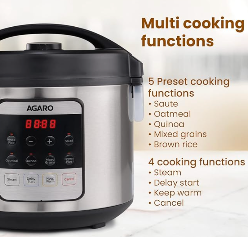 AGARO Royal Electric Rice Cooker, 5 Litre Ceramic Coated Inner Bowl, Steam Basket, 6 Preset Cooking Function With Advanced Fuzzy Logic, Keep Warm Function, 1.5Kgs (approx. 10 cups) raw rice, Silver-2
