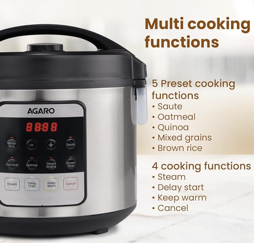 AGARO Royal Electric Rice Cooker, 5 Litre Ceramic Coated Inner Bowl, Steam Basket, 6 Preset Cooking Function With Advanced Fuzzy Logic, Keep Warm Function, 1.5Kgs (approx. 10 cups) raw rice, Silver-2