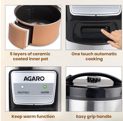 AGARO Regency Electric Rice Cooker, 5L Ceramic Coated Inner Bowl, Cooks up to 1.5Kgs (approx.10 cups) raw rice, 700 W, Easy Grip handle, Automatic Cooking, Keep Warm Function, Multipurpose Cooking