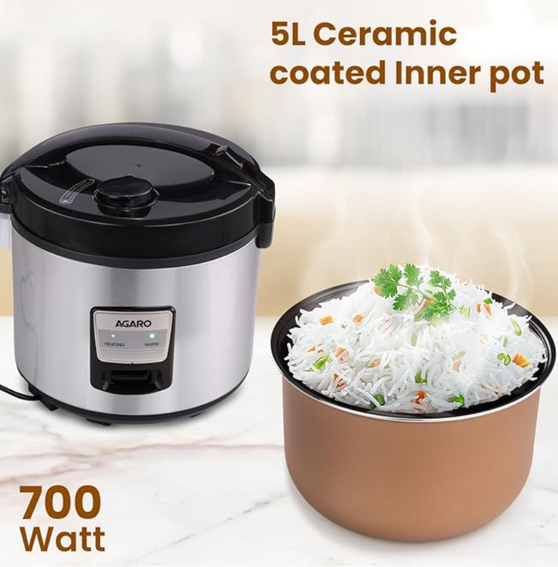 அகாரோ ரீஜென்சி எலக்ட்ரிக் ரைஸ் குக்கர், 5 லிட்டர் பீங்கான் பூசப்பட்ட உள் கிண்ணம், 1.5 கிலோ (தோராயமாக 10 கப்) வரை சமைக்கக்கூடிய பச்சரிசி, 700 W, எளிதான பிடி கைப்பிடி, தானியங்கி சமையல், சூடாக வைத்திருத்தல் செயல்பாடு, பல்நோக்கு சமையல் -3
