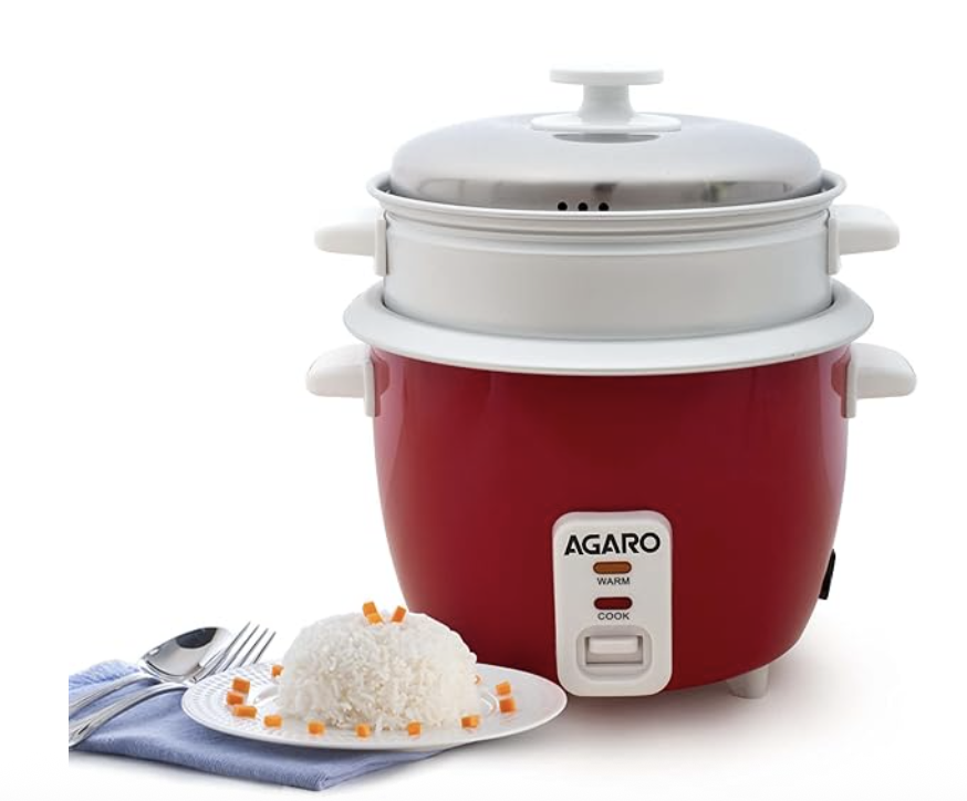 AGARO எலக்ட்ரிக் ரைஸ் குக்கர், 1 லிட்டர், 700 கிராம் (தோராயமாக 5 கப்) பச்சரிசி, 400W, தானியங்கி பாய்லர், ஸ்டீமர், நீக்கக்கூடிய அலுமினிய பானை, துருப்பிடிக்காத எஃகு மூடி, சூடாக செயல்பட வைக்கும், ட்ரைவெட் தட்டு, அரிசி 