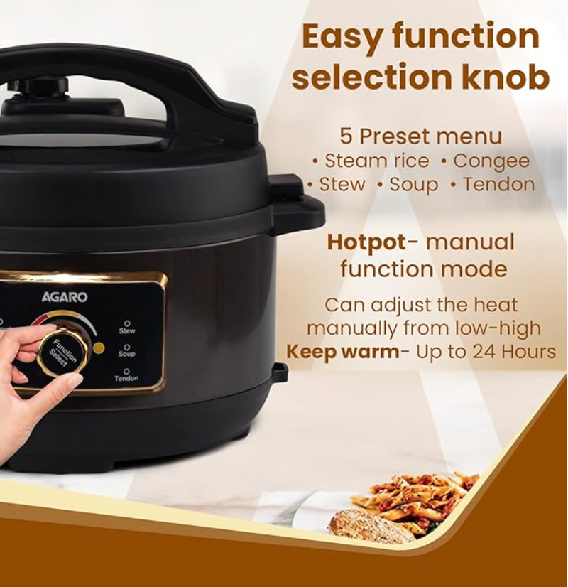 AGARO Royal Electric Pressure Cooker, 3 Liter Stainless Steel Inner Pot, 5 Preset Menu, Automatic Cooking, Black-2