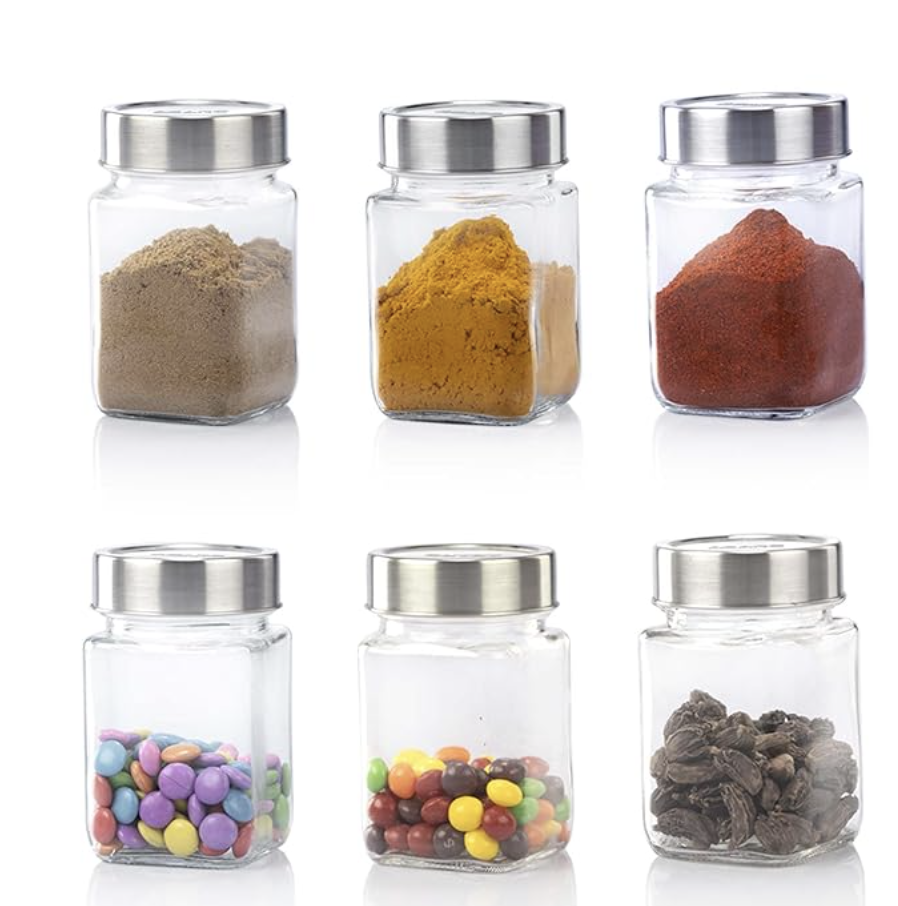 AGARO Elegant Cube Jar 310 ml, Steel Lid, Storage Glass Container, Transparent, Kitchen Organiser, Multipurpose Jar, Pack of 6