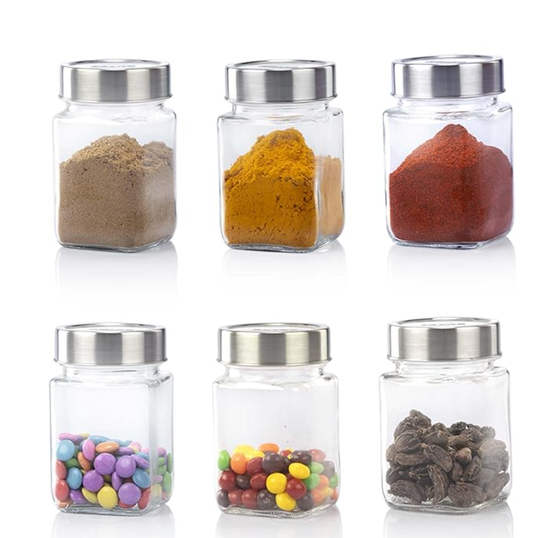 AGARO Elegant Cube Jar 310 ml, Steel Lid, Storage Glass Container, Transparent, Kitchen Organiser, Multipurpose Jar, Pack of 6