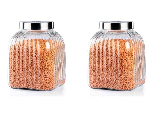 AGARO Elegant Glass Jar 3500 ml, Steel Lid, Storage Glass Container, Transparent, Kitchen Organiser, Multipurpose Jar (Pack of 2)