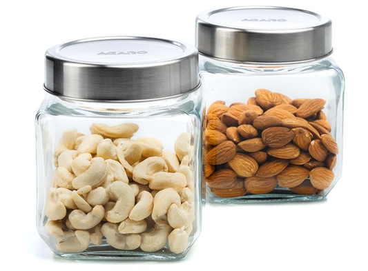 AGARO Elegant Cube Jar 580 ml, Square Shaped, Transparent Lid with Steel Finish, Storage Glass Container, Transparent, Kitchen Organiser, Multipurpose Jar, Pack of 2.