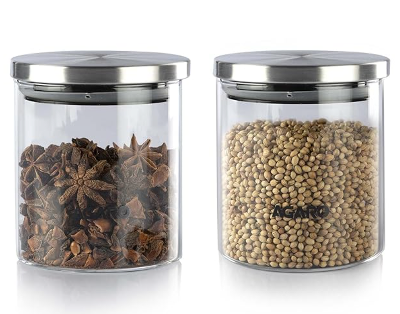 AGARO Elite Borosilicate Glass Jar 600 ml, Round Shaped, Steel Lid, Storage Glass Container, Microwave, Oven & Freezer Safe, Transparent, Kitchen Organiser, Multipurpose Jar, Pack of 2.-1