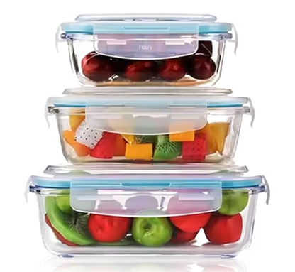 மூடிகளுடன் கூடிய AGARO போரோசிலிகேட் கண்ணாடி கொள்கலன்கள், 3 பிசிக்கள் தொகுப்பு, 370மிலி, 640மிலி &amp; 1040மிலி, சமையலறை, மைக்ரோவேவ், ஓவன் &amp; ஃப்ரீசர் சேஃப், பேக்கிங் டிஷ், செவ்வகம், பேக்கிங் டிரே, கீறல் எதிர்ப்பு, வெளிப்படையானது 