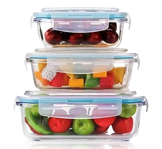 மூடிகளுடன் கூடிய AGARO போரோசிலிகேட் கண்ணாடி கொள்கலன்கள், 3 பிசிக்கள் தொகுப்பு, 370மிலி, 640மிலி &amp; 1040மிலி, சமையலறை, மைக்ரோவேவ், ஓவன் &amp; ஃப்ரீசர் சேஃப், பேக்கிங் டிஷ், செவ்வகம், பேக்கிங் டிரே, கீறல் எதிர்ப்பு, வெளிப்படையானது 