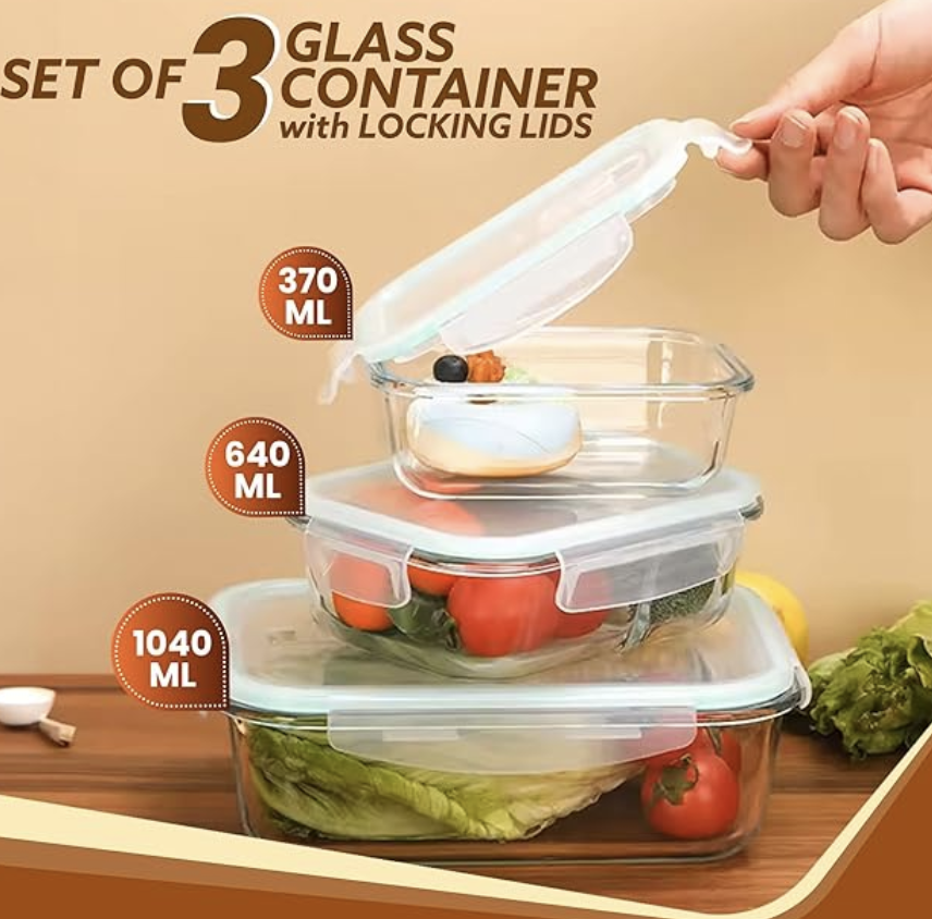 மூடிகளுடன் கூடிய AGARO போரோசிலிகேட் கண்ணாடி கொள்கலன்கள், 3 பிசிக்கள் தொகுப்பு, 370மிலி, 640மிலி &amp; 1040மிலி, சமையலறை, மைக்ரோவேவ், ஓவன் &amp; ஃப்ரீசர் சேஃப், பேக்கிங் டிஷ், செவ்வகம், பேக்கிங் டிரே, கீறல் எதிர்ப்பு, வெளிப்படையானது 