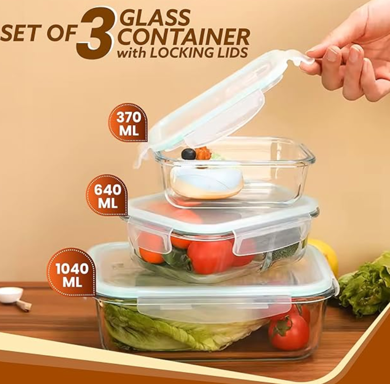 AGARO Borosilicate Glass Containers with Lids, 3 pcs Set, 370ml, 640ml &1040ml, Kitchen, Microwave, Oven & Freezer Safe, Baking Dish, Rectangle, Baking Tray, Scratch Resistant, Transparent-2