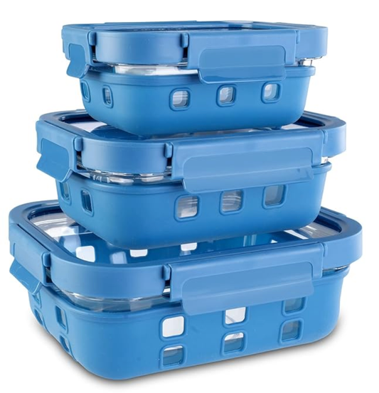 சிலிகான் ஸ்லீவ்ஸ் &amp; லாக் மூடியுடன் கூடிய AGARO இம்பீரியல் போரோசிலிகேட் கண்ணாடி கொள்கலன்கள், 3 பிசிக்கள் செட், 370மிலி, 640மிலி, 1050மிலி, சமையலறை, மைக்ரோவேவ், ஓவன் மற்றும் ஃப்ரீசர் சேஃப், செவ்வக வடிவம், வெளிப்படையானது, நீலம் 