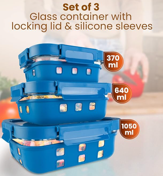 சிலிகான் ஸ்லீவ்ஸ் &amp; லாக் மூடியுடன் கூடிய AGARO இம்பீரியல் போரோசிலிகேட் கண்ணாடி கொள்கலன்கள், 3 பிசிக்கள் செட், 370மிலி, 640மிலி, 1050மிலி, சமையலறை, மைக்ரோவேவ், ஓவன் மற்றும் ஃப்ரீசர் சேஃப், செவ்வக வடிவம், வெளிப்படையானது, நீலம் 