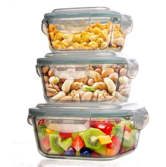 மூடிகளுடன் கூடிய AGARO போரோசிலிகேட் கண்ணாடி கொள்கலன், 3 பிசிக்கள் தொகுப்பு, 320மிலி, 520மிலி &amp; 800மிலி, மைக்ரோவேவ், ஓவன் &amp; ஃப்ரீசர் சேஃப், பேக்கிங் டிஷ், சதுரம், பேக்கிங் டிரே, கீறல் எதிர்ப்பு, வெளிப்படையானது 