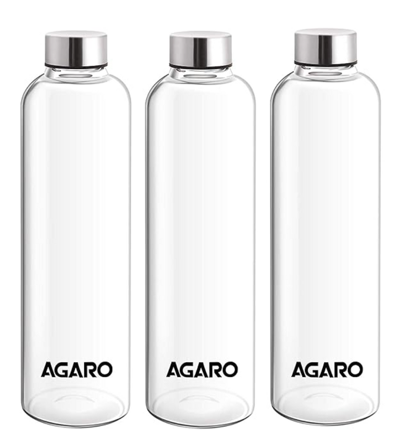 AGARO Elite Borosilicate Glass Water Bottles, Pack of 3, 1000ml Capacity Each, Microwave & Freezer Safe, Leak Proof & Airtight Lid, Scratch Resistant, Transparent.-1