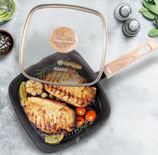 AGARO इंपीरियल ग्रेनाइट नॉन-स्टिक ग्रिल पैन ग्लास लिड के साथ, 1.8 लीटर/24 सेमी, कास्ट एल्युमीनियम बॉडी, गैस और इंडक्शन कम्पैटिबल, गहरा ग्रे 