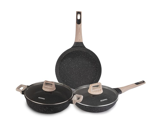 AGARO इम्पीरियल ग्रेनाइट नॉन-स्टिक कुकवेयर सेट, 3 पीस कुकवेयर सेट, 24cm फ्राइंग पैन ग्लास लिड के साथ, 28cm डोसा तवा, 28cm कढ़ाई ग्लास लिड के साथ, कास्ट एल्युमीनियम बॉडी, गैस और इंडक्शन कम्पैटिबल, गहरा ग्रे 