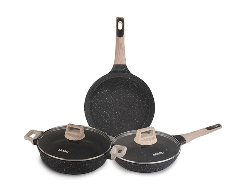 AGARO Imperial Granite Non Stick Cookware Set, 3pcs Cookware Set, 24cm Frying Pan with Glass Lid, 28cm Dosa Tawa, 28cm Kadai with Glass Lid, Cast Aluminium Body, Gas & Induction Compatible, Dark Grey-1