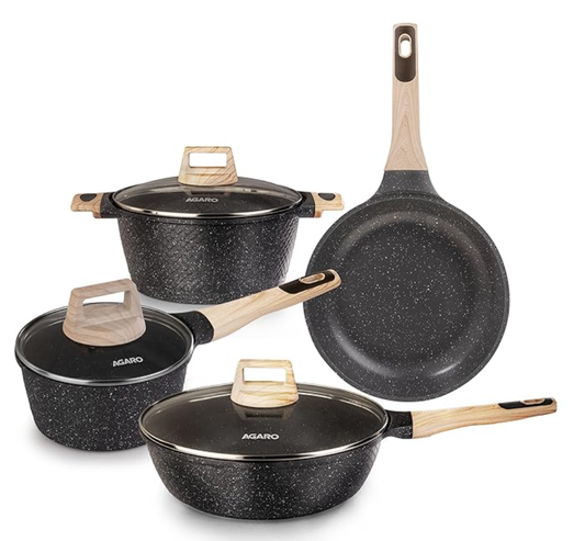 AGARO इंपीरियल ग्रेनाइट नॉन-स्टिक कुकवेयर सेट, 4 पीस: 24cm फ्राई पैन और कैसरोल, 16cm सॉस पैन, 28cm डीप फ्राई पैन ढक्कन के साथ, कास्ट एल्युमीनियम, गैस और इंडक्शन कम्पैटिबल 