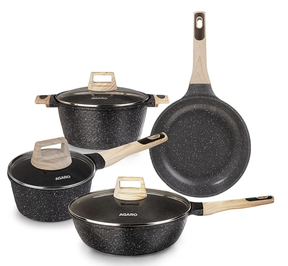 AGARO Imperial Granite Non-Stick Cookware Set, 4pcs: 24cm Fry Pan & Casserole, 16cm Sauce Pan, 28cm Deep Fry Pan With Lids, Cast Aluminium, Gas & Induction Compatible