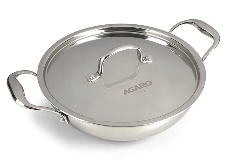 AGARO Regency Tri-Ply Steel Kadai, 2.25L Capacity, 24 cm Diameter, Stainless Steel, Riveted Handle, Food Safe, Gas Oven and Induction Oven Compatible, Cooking, Frying, Serving, Silver-1