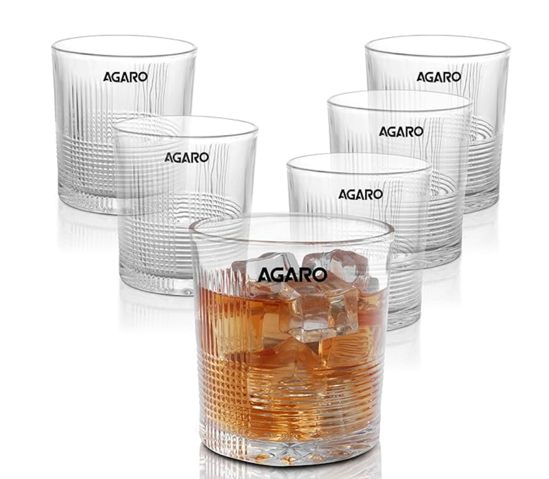 AGARO Elegant Whiskey Glass, Set of 6, 325ML, Ribbed Design, Crystal Clear, Perfect for Scotch, Whisky, Bourbon, Liquor, Wine, Cocktail Drinks , Stylish Design-1