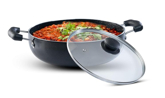 AGARO एलिगेंट नॉन-स्टिक कड़ाही ग्लास ढक्कन के साथ, 3.5 लीटर क्षमता, 26 cm व्यास, इंडक्शन और गैस ओवन के अनुकूल, 3mm मोटा, रिवेटेड कूल टच हैंडल, ग्रेनाइट फ़िनिश, PFOA, कुकिंग, फ्राइंग, कुकवेयर, काला 